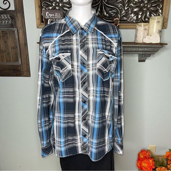 Buckle Black Blue Plaid Long Sleeve Snap DowLarge Men’s - Picture 16 of 16
